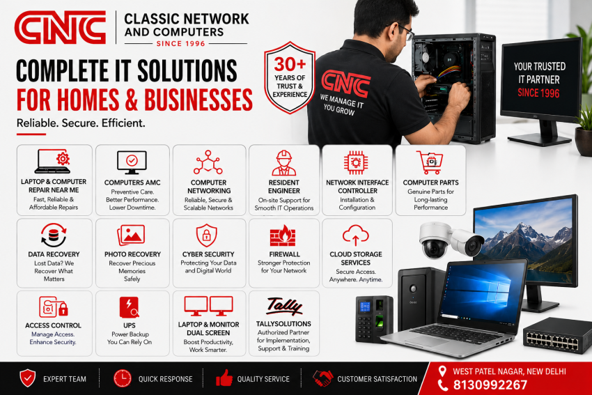 CNC Classic Network and Computers — complete IT solutions for homes and businesses since 1996: laptop repair, computer networking, CCTV camera, access control, data recovery, cyber security, firewall, computers AMC, TallySolutions, cloud storage, UPS power backup