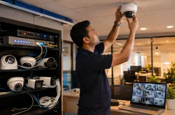 Professional CCTV installation in Delhi — dome camera mounting, NVR setup, and IP camera wiring by CNC West Patel Nagar