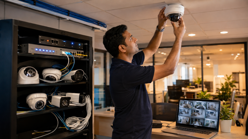 Professional CCTV installation in Delhi — dome camera mounting, NVR setup, and IP camera wiring by CNC West Patel Nagar
