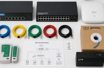 Office network setup equipment — Cat6 cable, managed switch, firewall, and Wi-Fi access point for Delhi office installation