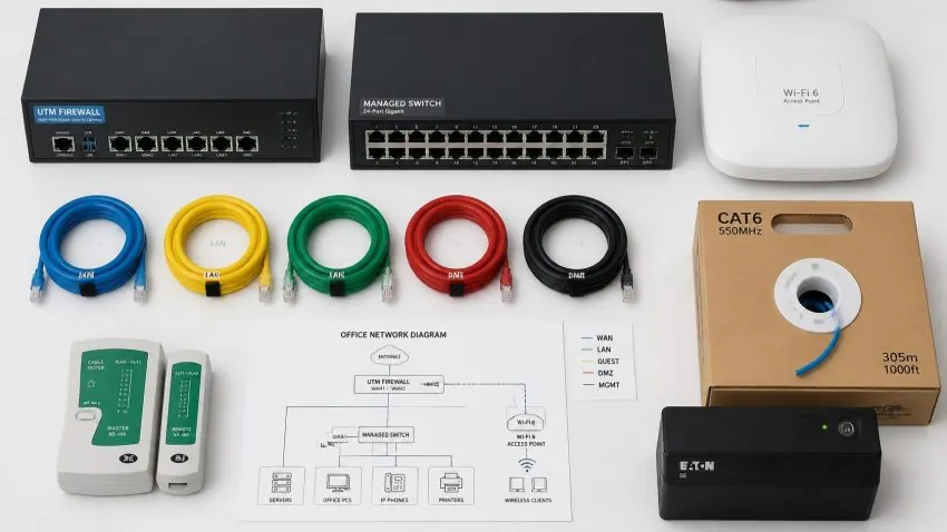 Office network setup equipment — Cat6 cable, managed switch, firewall, and Wi-Fi access point for Delhi office installation