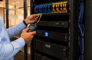 CNC engineer performing IT AMC maintenance in a Delhi office server room