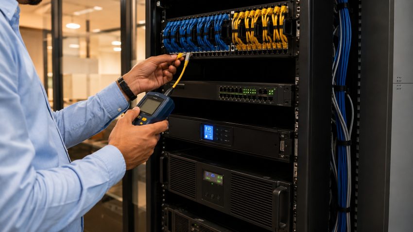 CNC engineer performing IT AMC maintenance in a Delhi office server room