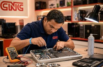 Laptop service cost in Delhi 2026 — CNC technician performing laptop repair at West Patel Nagar service centre