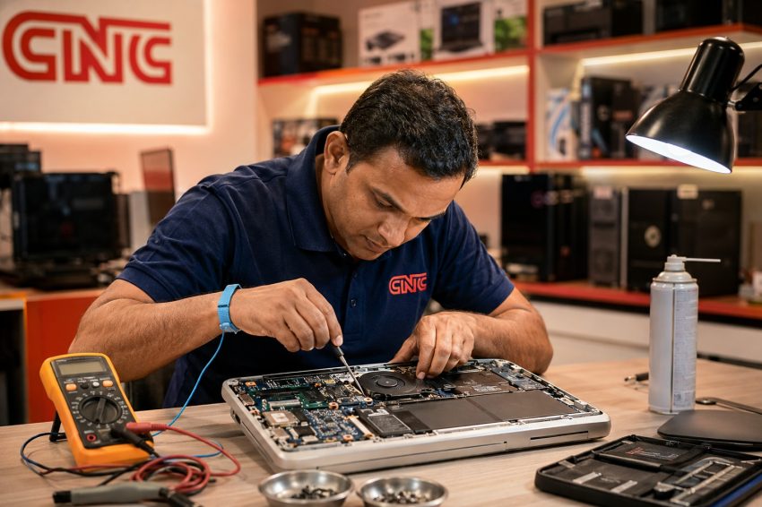 Laptop service cost in Delhi 2026 — CNC technician performing laptop repair at West Patel Nagar service centre