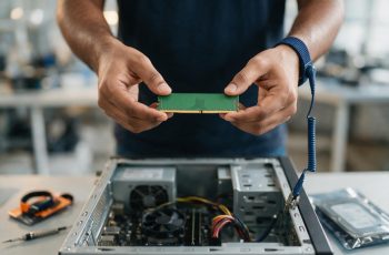 Safe handling of computer hardware — IT technician with anti-static wrist strap installing RAM at CNC Delhi