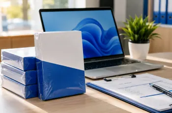 Genuine licensed business software boxes with GST invoice on a Delhi office desk