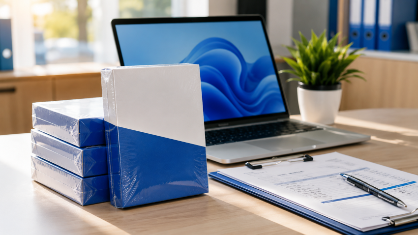 Genuine licensed business software boxes with GST invoice on a Delhi office desk