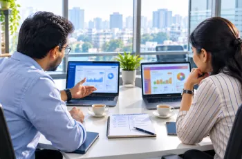 Indian business team comparing cloud email platforms on laptops in a Delhi office