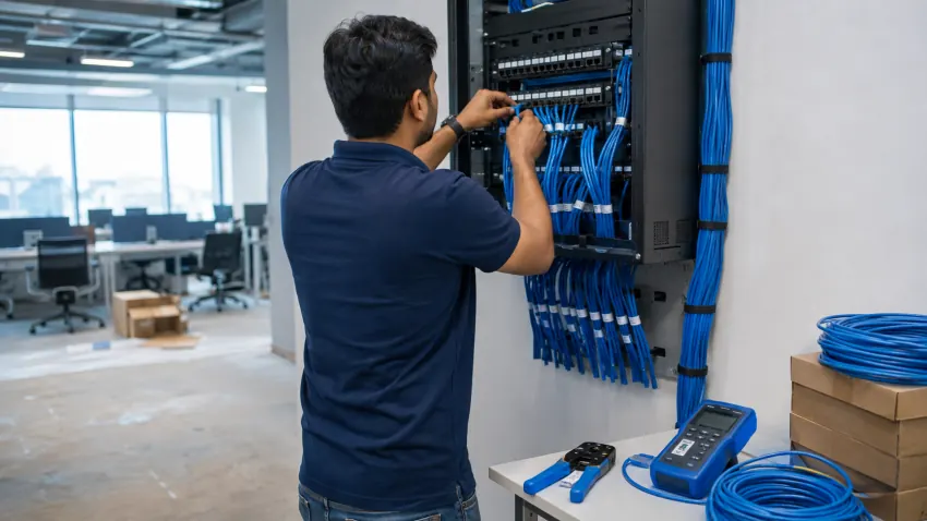 Structured Cat6 network cabling installation in a Delhi office by CNC engineer