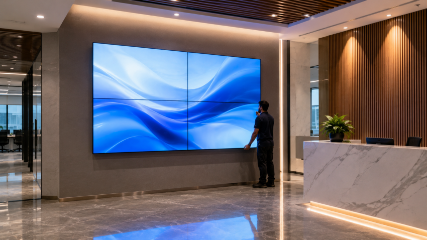 Seamless 2x2 video wall installation in a Delhi office reception by CNC