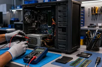 Open desktop PC tower being tested with a multimeter at a computer repair shop bench in Delhi
