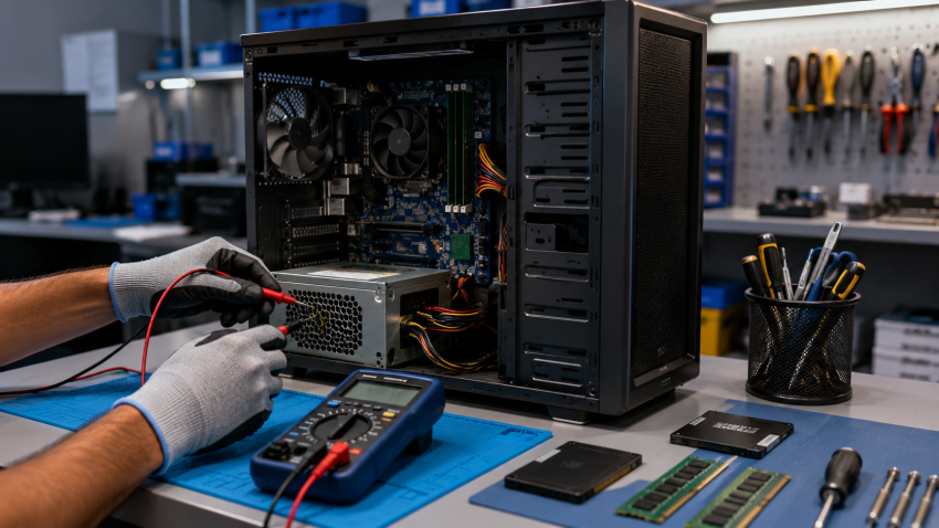 Open desktop PC tower being tested with a multimeter at a computer repair shop bench in Delhi
