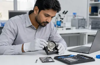 Data recovery engineer examining hard drive in Delhi lab