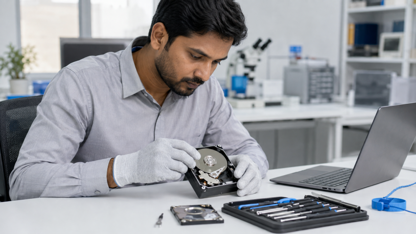 Data recovery engineer examining hard drive in Delhi lab