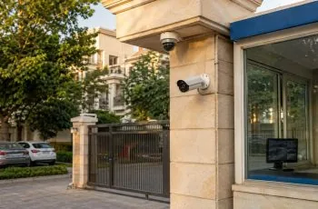 CCTV cameras installed at a Delhi housing society gate with guard cabin monitor
