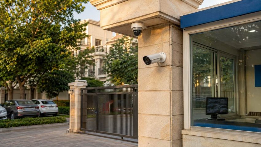 CCTV cameras installed at a Delhi housing society gate with guard cabin monitor