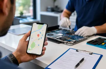 Person searching laptop repair near me on a phone map while a technician repairs a laptop in a Delhi shop