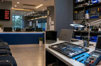 Authorized service counter compared with independent laptop repair workbench at a Delhi laptop service centre
