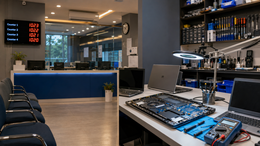 Authorized service counter compared with independent laptop repair workbench at a Delhi laptop service centre