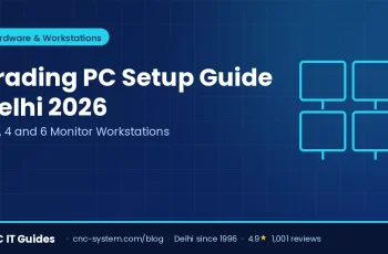 Four-monitor stock trading PC setup on a desk with charts — trading workstation configurations and prices in Delhi 2026 from CNC