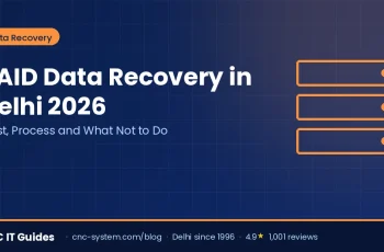 RAID and server data recovery in Delhi 2026 — multiple hard drives from a failed RAID 5 array on a recovery bench at CNC