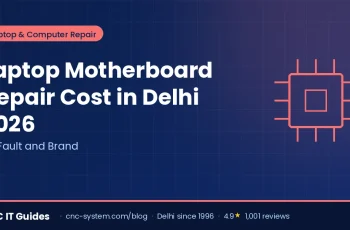 Laptop motherboard repair cost in Delhi 2026 — chip-level micro-soldering on a laptop motherboard under a microscope at CNC West Patel Nagar