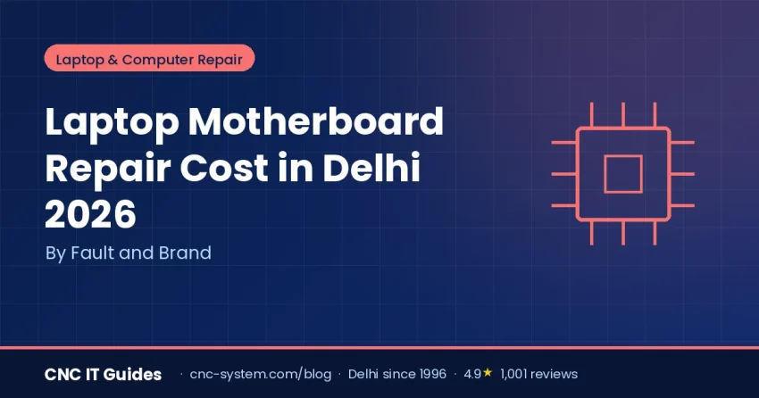 Laptop motherboard repair cost in Delhi 2026 — chip-level micro-soldering on a laptop motherboard under a microscope at CNC West Patel Nagar