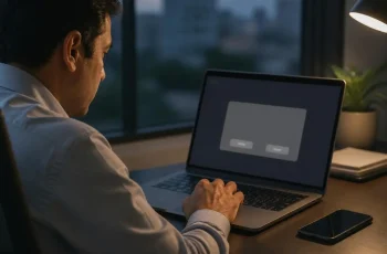 Businessman pausing before approving a remote access request on his laptop