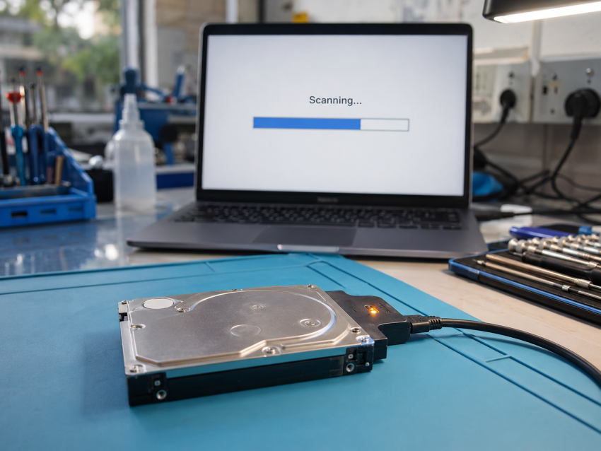 Free data recovery software scanning a failing hard drive — a common way Delhi users lose recoverable data