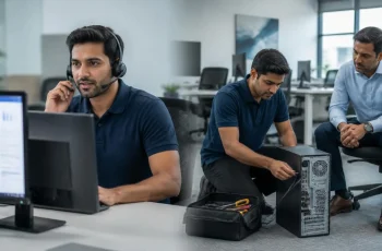 IT engineer giving remote support on the left and another engineer fixing an office PC on-site on the right