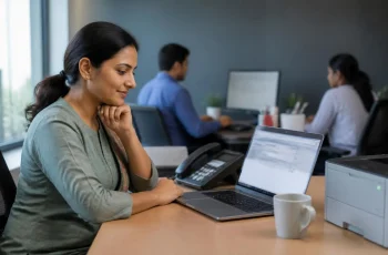 Office manager watching an engineer fix her laptop remotely at a small office desk