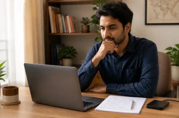 Person going through a checklist before handing a laptop for repair at a Delhi service centre, with external hard drive for backup visible