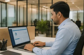 IT technician configuring SPF, DKIM and DMARC email authentication records on a laptop in a Delhi office
