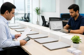Finance manager and IT engineer processing a bulk corporate laptop purchase with GST invoice in Delhi