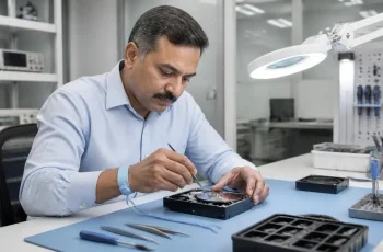 CNC engineer working on a disassembled hard drive in a cleanroom environment at the CNC data recovery lab in West Patel Nagar Delhi