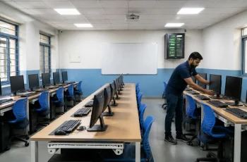 Newly installed computer lab with rows of desktop PCs in a Delhi school set up by an IT integrator
