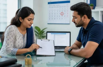 Compliance manager and IT engineer reviewing a DPDP Act checklist at a small business office in India