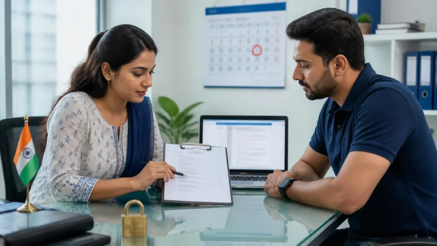 Compliance manager and IT engineer reviewing a DPDP Act checklist at a small business office in India