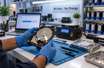 Engineer in gloves inspecting an opened hard disk drive on an imaging bench in a Delhi data recovery lab