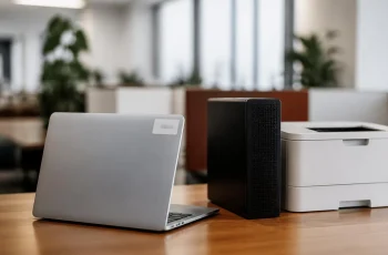 Business laptop, small server and office printer on a Delhi office desk with a warranty service tag label