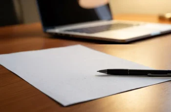 Printed IT AMC contract on a desk with a pen and a laptop, clause checklist