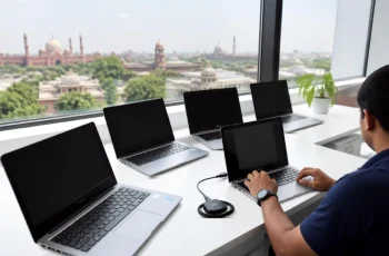 Row of office laptops on a desk with a maintenance checklist, Delhi IT AMC