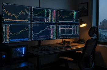 Six-monitor trading desk setup with charts on a triple-over-triple stand and workstation in Delhi