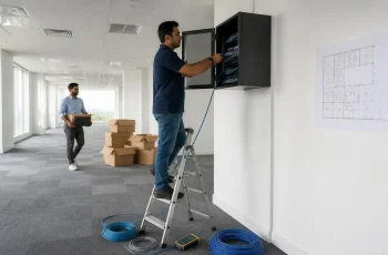 Network engineer installing structured cabling and patch panel during an office relocation in Delhi