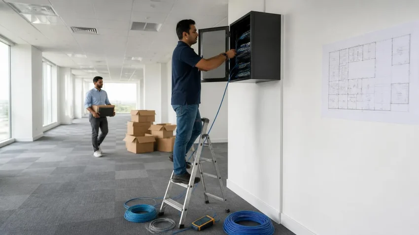 Network engineer installing structured cabling and patch panel during an office relocation in Delhi
