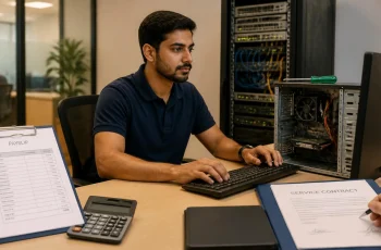Outsourced IT engineer working onsite at a Delhi office desk with desktop computers and network equipment
