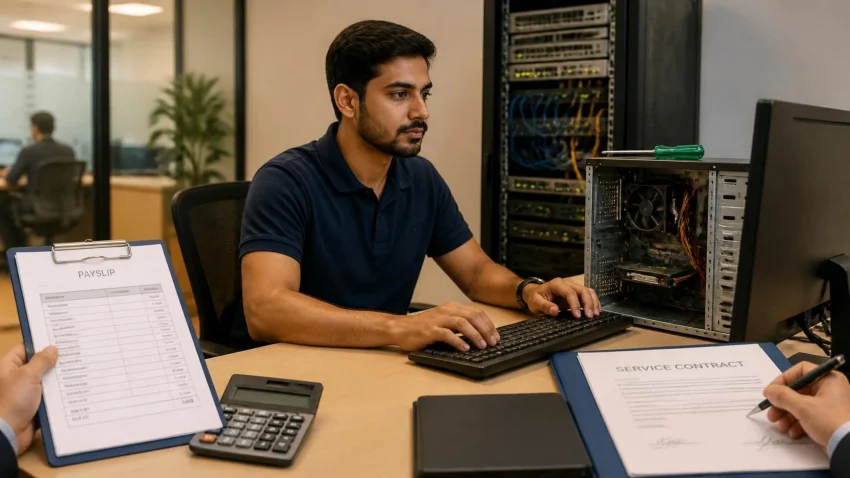 Outsourced IT engineer working onsite at a Delhi office desk with desktop computers and network equipment