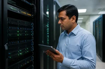 CNC engineer performing server maintenance and inspection inside a Delhi office server rack room