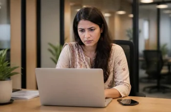 Business accountant viewing a Tally TSS expired notification on screen in a Delhi office, with a phone ready to call for renewal